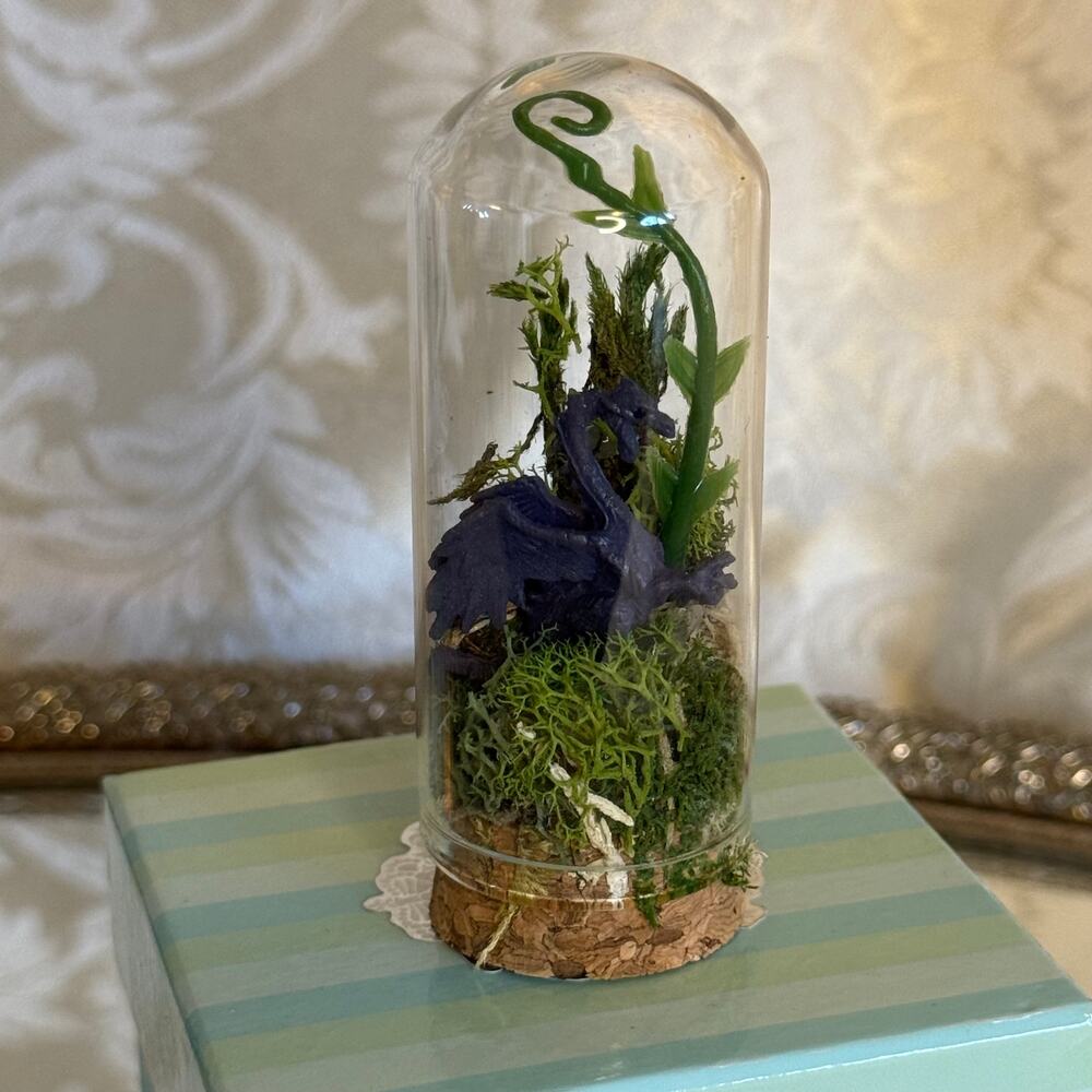 Mini Purple Dragon Terrarium Glass Cloche Fantasy Diorama